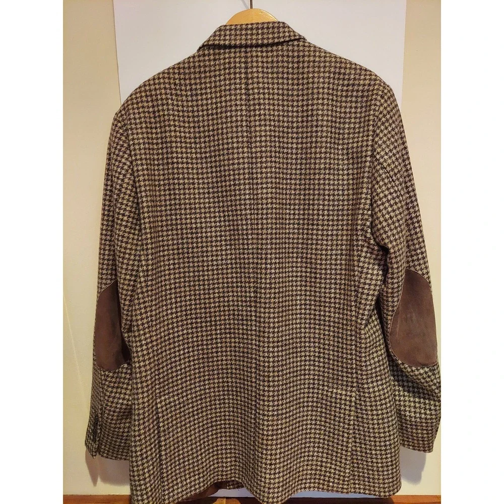 Moon British Cloth Mens Vintage Houndstooth Tweed Wool Blazer Elbow Patches 42